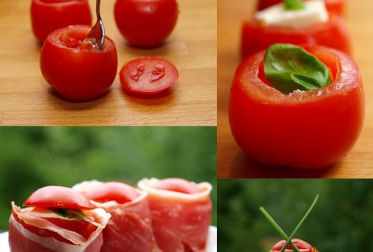 Image: Tomat med mozzarella, basilikum og parmaskinke