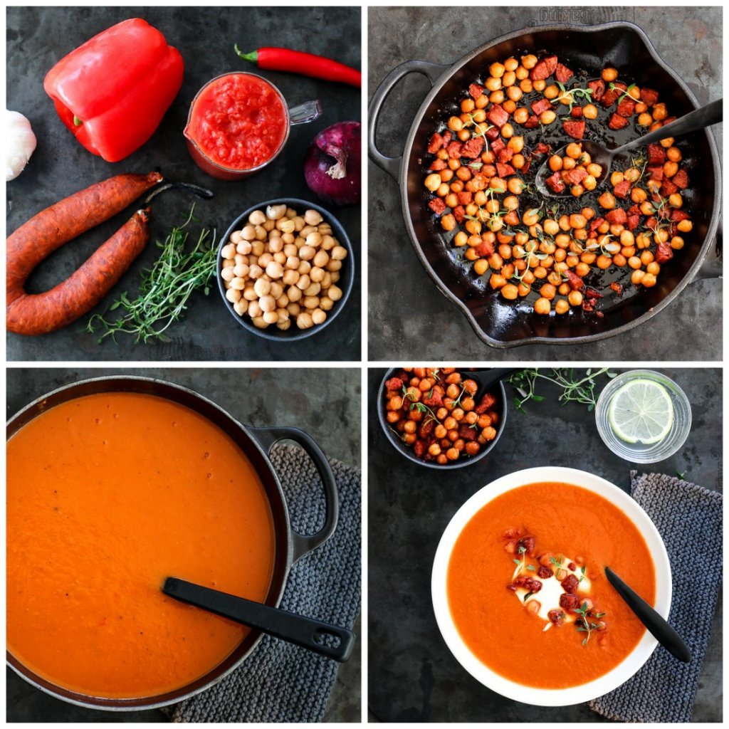 Tomat- og paprikasuppe med chorizo og kikerter