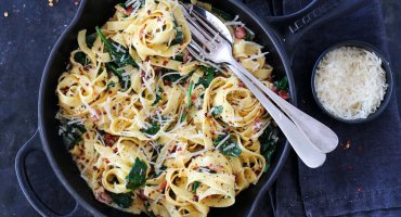 Image: TAGLIATELLE MED BACON, SPINAT OG SOLTØRKET TOMAT