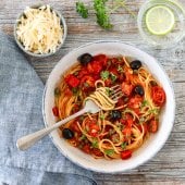 Image: SPAGETTI MED CHORIZO, PAPRIKA OG OLIVEN