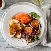 Image: KALKUN MED APPELSINSAUS, RØDKÅLSALAT OG SØTPOTETMOS