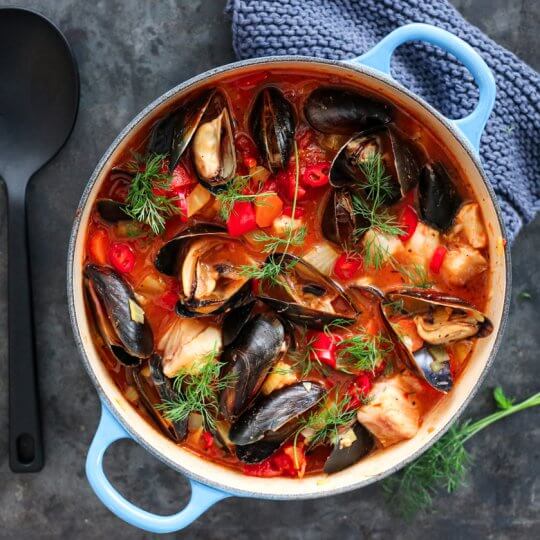 Image: FRANSK FISKEGRYTE MED SEI OG BLÅSKJELL