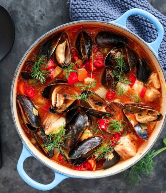 Image: FRANSK FISKEGRYTE MED SEI OG BLÅSKJELL