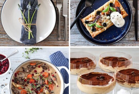 Image: FEBRUARMENYEN; MINITERTER MED LAKS, VILTGRYTE MED REINSDYR – OG OSTEKAKE MED KAFFEKREM