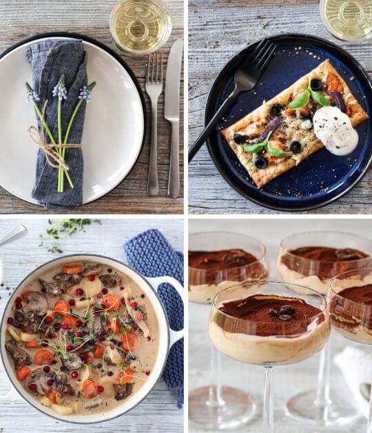 Image: FEBRUARMENYEN; MINITERTER MED LAKS, VILTGRYTE MED REINSDYR – OG OSTEKAKE MED KAFFEKREM