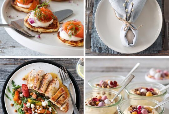 Image: PÅSKEMENYEN; PANNEKAKER MED RØKT LAKS, KYLLING MED APPELSINSAUS – OG OSTEKAKE PÅ GLASS MED PASJONSFRUKTKREM