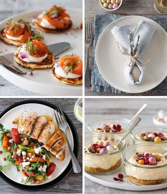 Image: PÅSKEMENYEN; PANNEKAKER MED RØKT LAKS, KYLLING MED APPELSINSAUS – OG OSTEKAKE PÅ GLASS MED PASJONSFRUKTKREM