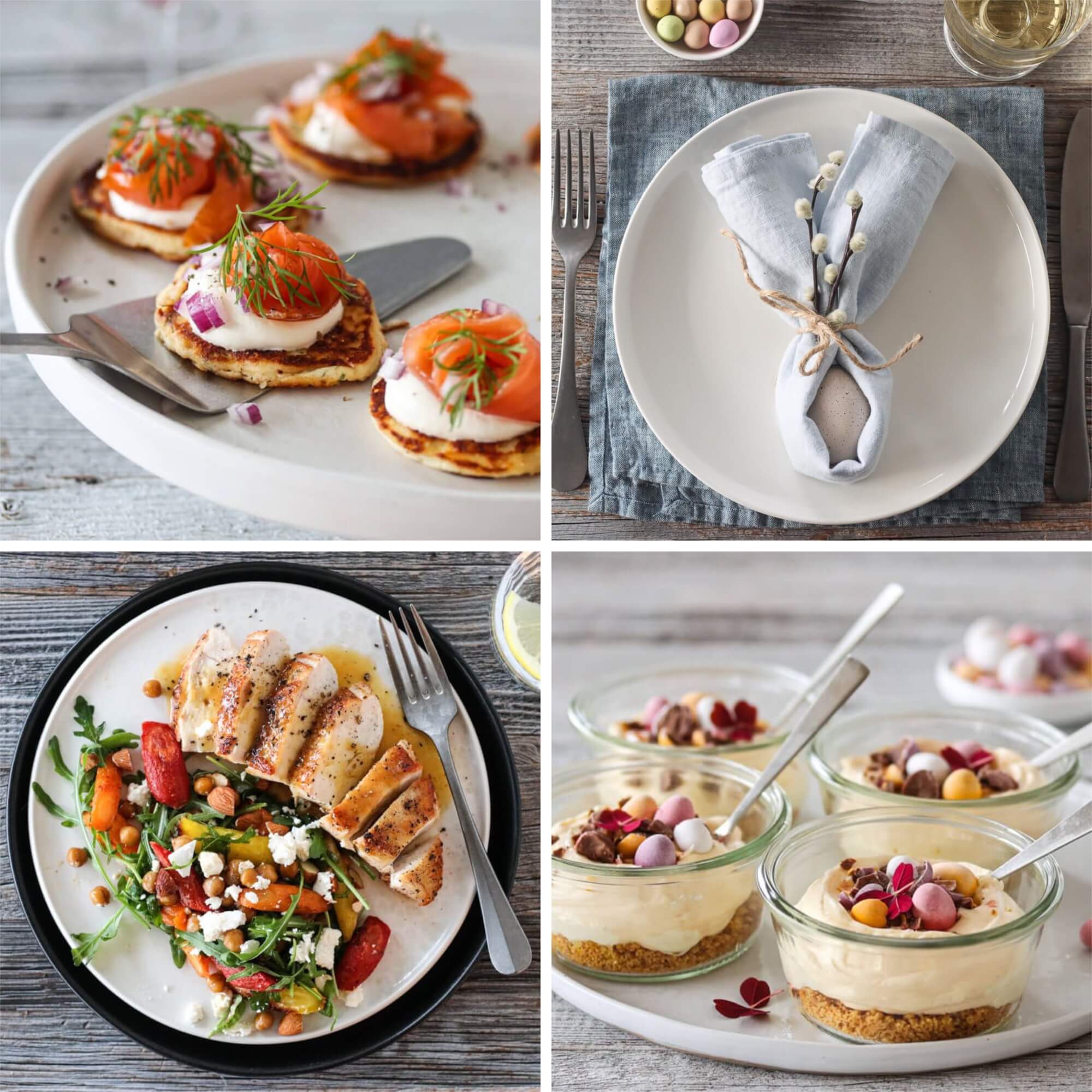 PÅSKEMENYEN; PANNEKAKER MED RØKT LAKS, KYLLING MED APPELSINSAUS – OG OSTEKAKE PÅ GLASS MED PASJONSFRUKTKREM
