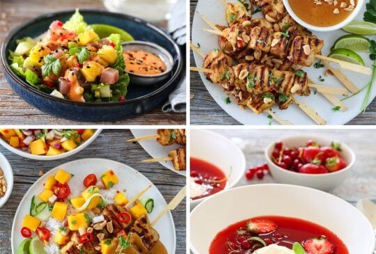 Image: AUGUSTMENYEN; TUNFISKTARTAR, KYLLING SATAY OG RIPS- OG JORDBÆRSUPPE