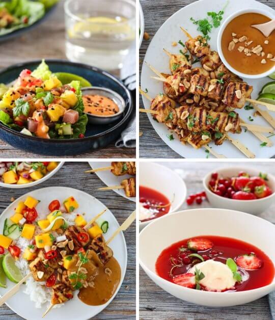 Image: AUGUSTMENYEN; TUNFISKTARTAR, KYLLING SATAY OG RIPS- OG JORDBÆRSUPPE