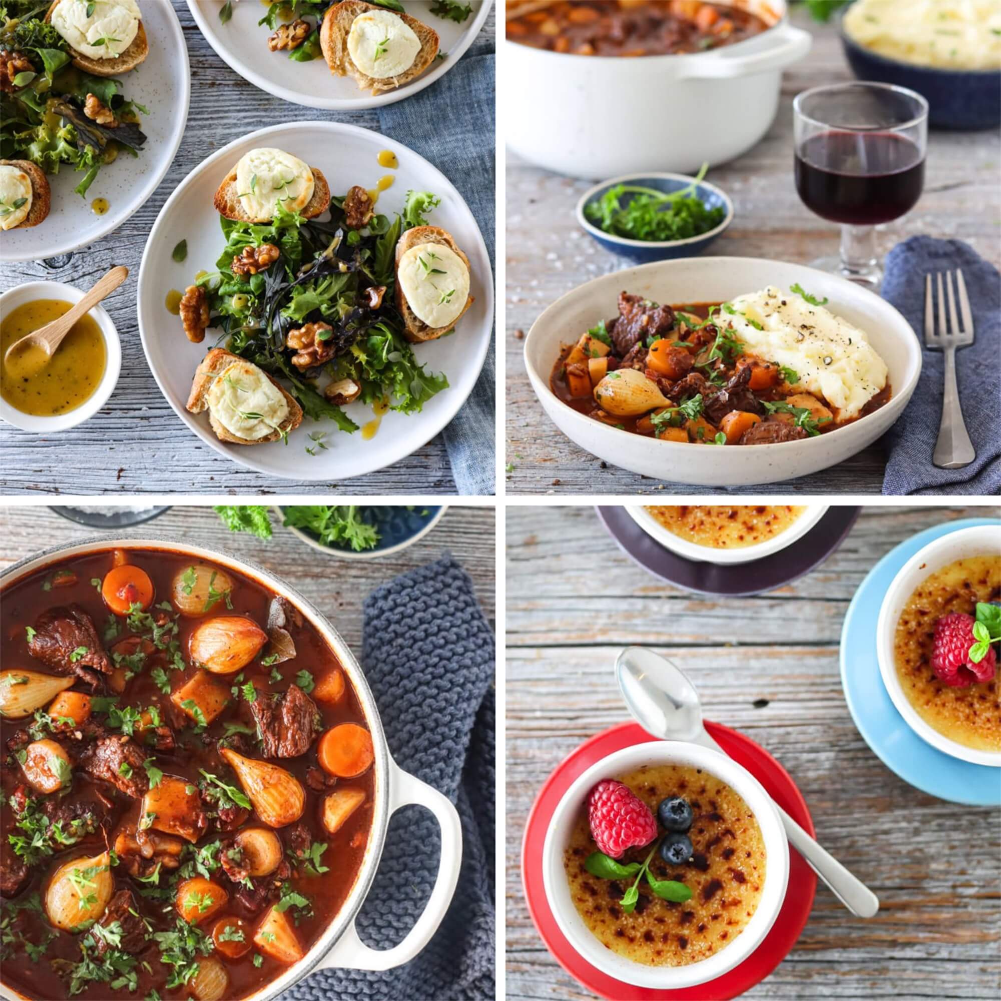 OKTOBERMENYEN; CHÈVRESALAT, BOEUF BOURGUIGNON OG CREME BRÛLÈE